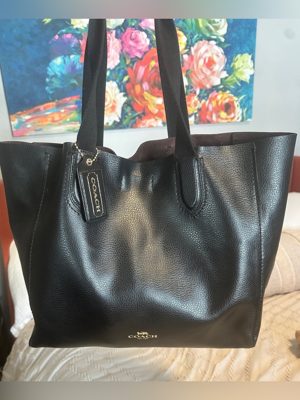 Coach Black Pebbled Leather Tote with Gold Logo Accent